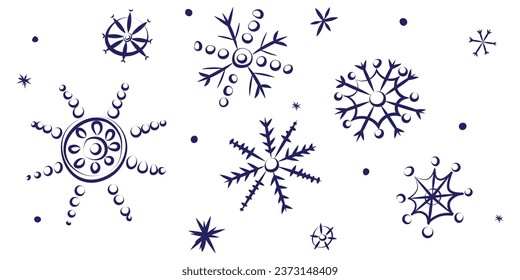 diferentes copos de nieve esculpidos azules sobre un fondo blanco, un conjunto de diferentes copos de nieve asimétricos