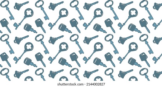 Blue different keys. Key icon in flat style. Vector illustration on white isolated background. Seamless pattern.