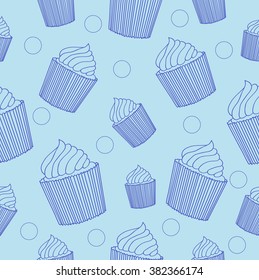Blue different size cupcakes seamless pattern on the light blue background