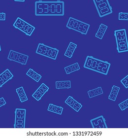 Blue Digital alarm clock icon isolated seamless pattern on blue background. Electronic watch alarm clock. Time icon. Vector Illustration