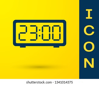 Blue Digital alarm clock icon isolated on yellow background. Electronic watch alarm clock. Time icon. Vector Illustration