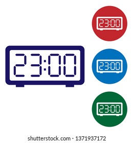 Blue Digital alarm clock icon isolated on white background. Electronic watch alarm clock. Time icon. Set color icon in circle buttons. Vector Illustration