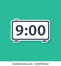 Blue Digital alarm clock icon isolated on green background. Electronic watch alarm clock. Time icon.  Vector Illustration