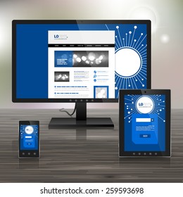 Blue digital application template design for corporate identity with optical fiber elements. Stationery set