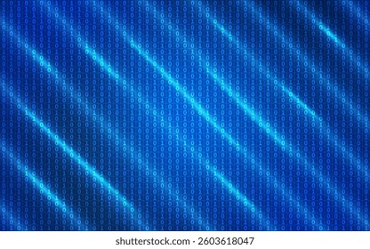A blue digital background displays binary code with glowing light streaks, representing technology and data.