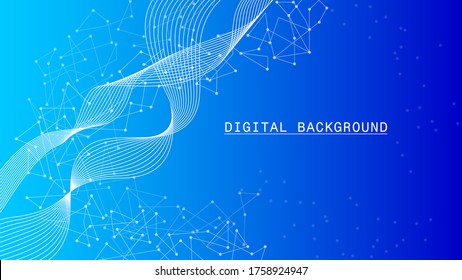 Blue digital background with dynamic wave of many lines. Colorful geometric design. Modern banners or posters.