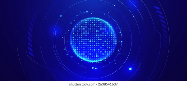 Blue digital background with glowing circle of pixels and lines