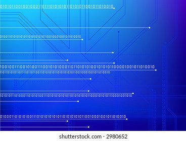 Blue digital background. Numbers and circuit board