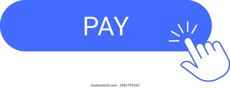 Blue digital button with the word PAY and a hand icon clicking, symbolizing online payment or transaction. Represents e commerce, digital shopping, and financial technology