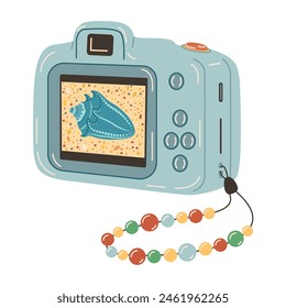 Blue Digital camera device with photo. Photography camera Hand drawn trendy flat style isolated on white. Digital camera. Rear view, back screen, shot of sea life. Vector illustration