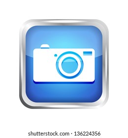 blue digital camera icon button on a white background