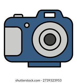 A blue digital camera icon with gray lens and screen icon