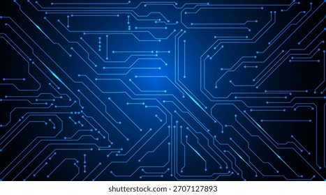 Blaue digitale Chipboard-Textur. Dunkelblaue Spanplattenstruktur mit leuchtenden digitalen Linien und strukturiertem Schaltungslayout.