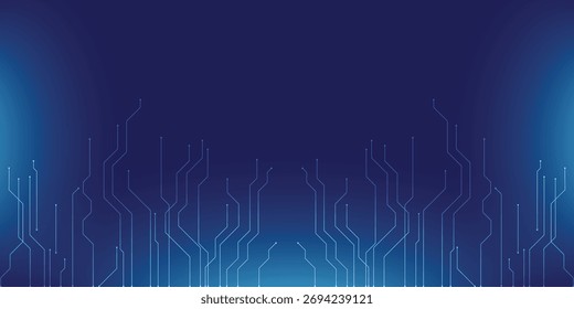 Fondo de placa de circuito digital azul con líneas de tecnología brillante para el diseño moderno.