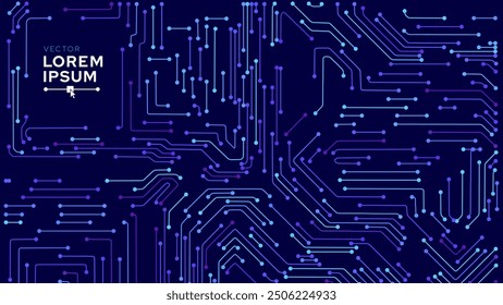 Blue Digital Circuit Trace Lines Technology Background. Abstract Digital Tech Bg. Electronics and Computer Technology Concept. Chip And Circuit Board. Vector Illustration. Chip Connectors.