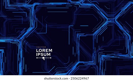 Blue Digital Circuit Trace Lines Technology Background. Abstract Digital Tech Bg. Electronics and Computer Technology Concept. Chip And Circuit Board. Vector Illustration. Chip Connectors.