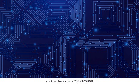 Plano de fundo da tecnologia Blue Digital Circuit Trace Lines. Resumo Digital Tech Bg. Conceito de tecnologia eletrônica e de computador. Placa De Chip E Circuito. Ilustração de vetor. Conectores de chip.