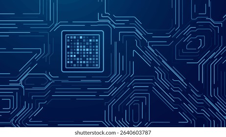 Blue Digital Circuit Trace Lines Technology Background. Abstract Digital Tech Bg. Electronics and Computer Technology Concept. Chip And Circuit Board. Vector Illustration. Chip Connectors.