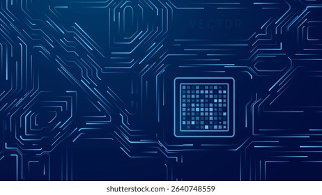 Blue Digital Circuit Trace Lines Technology Background. Abstract Digital Tech Bg. Electronics and Computer Technology Concept. Chip And Circuit Board. Vector Illustration. Chip Connectors.