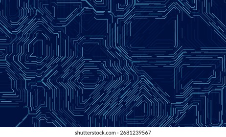 Blue Digital Circuit Trace Lines Technology Background. Abstract Digital Tech Bg. Electronics and Computer Technology Concept. Chip And Circuit Board. Vector Illustration. Chip Connectors.