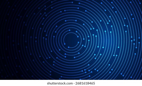 Blue Digital Circuit Trace Lines Technology Circle Center Banner Background. Abstract Digital Tech Bg. Electronics and Computer Technology Concept. Chip And Circuit Board. Vector Illustration. 