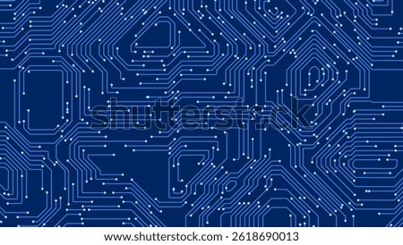Blue Digital Circuit Trace Lines Technology Background. Abstract Digital Tech Bg. Electronics and Computer Technology Concept. Chip And Circuit Board. Vector Illustration. Chip Connectors.