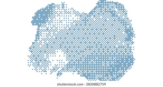 blue digital cloud shape made of small hexagons with scattered black gaps on a clean white background creating a modern tech look