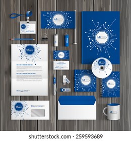 Blue digital corporate identity template design with optical fiber elements. Business stationery