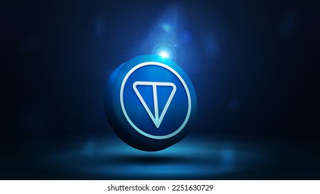 Blue digital cryptocurrency banner. 3D coin of Ton on a dark blurred background.