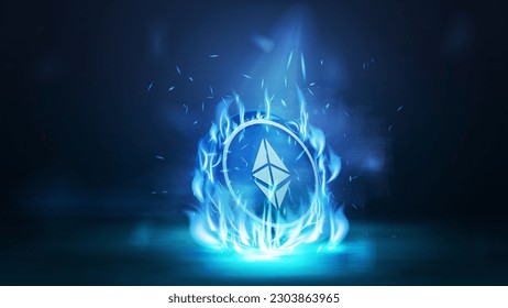 Blue digital cryptocurrency poster with 3D coin of Ethereum in fire flame on a dark blurred background.