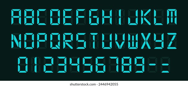 Blaue Digitalschriftart mit Weckerbuchstaben, Elektronische Musik Alphabet, Retro-Rechnersymbole, LCD-Monitorzeichen und Scoreboard-Ziffern. Vektorgrafik EPS 10