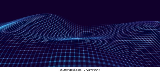 Blaues digitales verzerrtes Raster. Retrowave-Technologie, Wissenschaft, Spielhintergrund. Drahtgitter mit Leuchten Banner, Wallpaper, Print. Vektorgrafik.