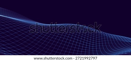Blue Digital Distorted Grid. Retrowave Technology, Science, Game Background. Wireframe Grid with Glow Lights Banner, Wallpaper, Print. Vector Illustration.