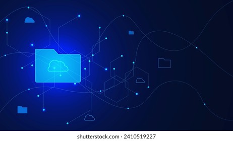 Blue digital document folder and data transfer concept design. Modern technology background. Vector illustration.