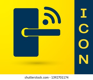 Blue Digital door lock with wireless technology for unlock icon isolated on yellow background. Door handle sign. Security smart home of concept. Vector Illustration