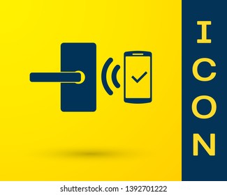 Blue Digital door lock with wireless technology for unlock icon isolated on yellow background. Door handle sign. Security smart home of concept. Vector Illustration