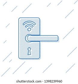 Blue Digital door lock with wireless technology for unlock line icon isolated on white background. Door handle sign. Security smart home of concept. Vector Illustration