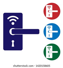 Blue Digital door lock with wireless technology for unlock icon isolated on white background. Door handle sign. Security smart home of concept. Set color icon in circle buttons. Vector Illustration