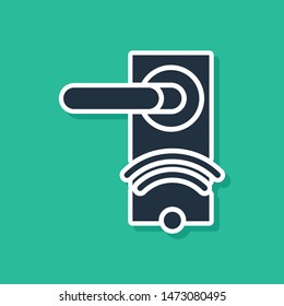 Blue Digital door lock with wireless technology for unlock icon isolated on green background. Door handle sign. Security smart home.  Vector Illustration