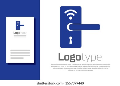 Blue Digital door lock with wireless technology for unlock icon isolated on white background. Door handle sign. Security smart home. Logo design template element. Vector Illustration
