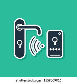 Blue Digital door lock with wireless technology for unlock icon isolated on green background. Door handle sign. Security smart home.  Vector Illustration