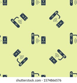 Blue Digital door lock with wireless technology for unlock icon isolated seamless pattern on yellow background. Door handle sign. Security smart home.  Vector Illustration