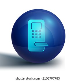 Blue Digital door lock with wireless technology for unlock icon isolated on white background. Door handle sign. Security smart home. Blue circle button. Vector