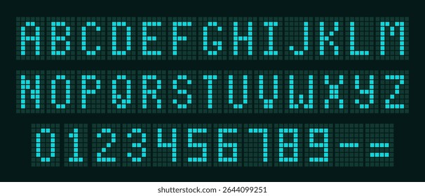 Fonte pontilhada azul digital com letras do relógio do alarme, alfabeto eletrônico, símbolos da calculadora retro, caracteres do monitor e dígitos do placar. Vetor EPS 10