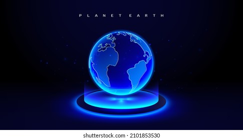 Blue Digital Earth Globe Hologram On Futuristic Stand. Science And Technology Abstract Background. Vector Illustration.