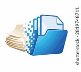 A blue digital file folder with white documents coming out of it