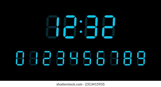 Blue digital glowing numbers for Lcd electronic devices screen isolated on black background. Clock, timer concept. Vector Illustration.