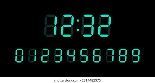 Blue digital glowing numbers for Lcd electronic devices screen isolated on black background. Vector Clock, timer concept