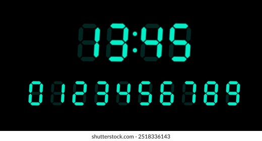 Números brillantes digitales azules fijados para la pantalla led de los dispositivos electrónicos aislada en fondo negro. Pantalla de reloj de Vector, concepto de temporizador digital, figuras electrónicas brillantes, números de calculadora