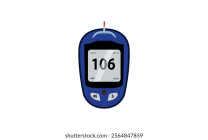 A blue digital glucometer with a blood sugar reading of 106 mg,dL, needle strip attached, displayed on a white background, ideal for medical purposes